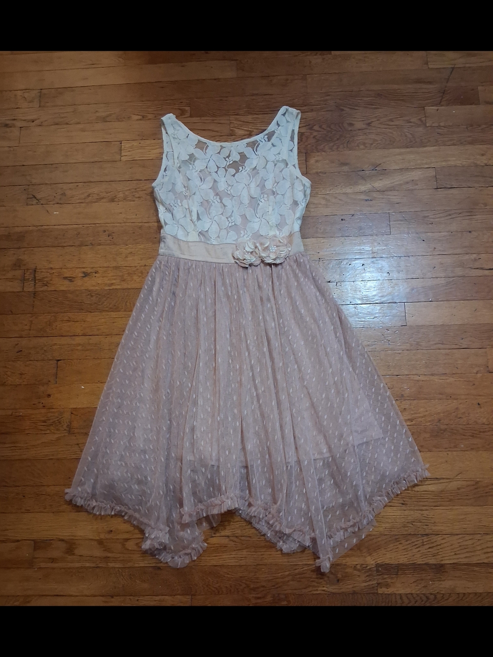 Altar'd State Cream Lace Bodice Blush Handkerchief Hem Maxi Dress
